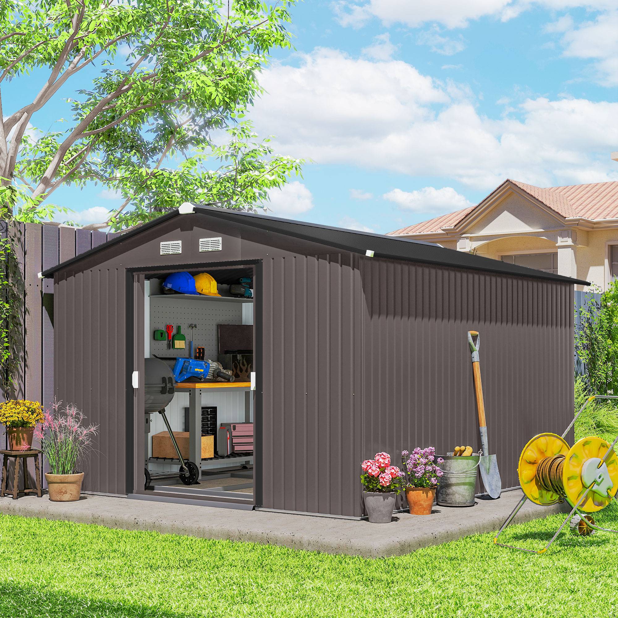 Abri de jardin métal avec double porte coulissante et 4 aérations 322x277x192 cm espace rangement marron - Image 4