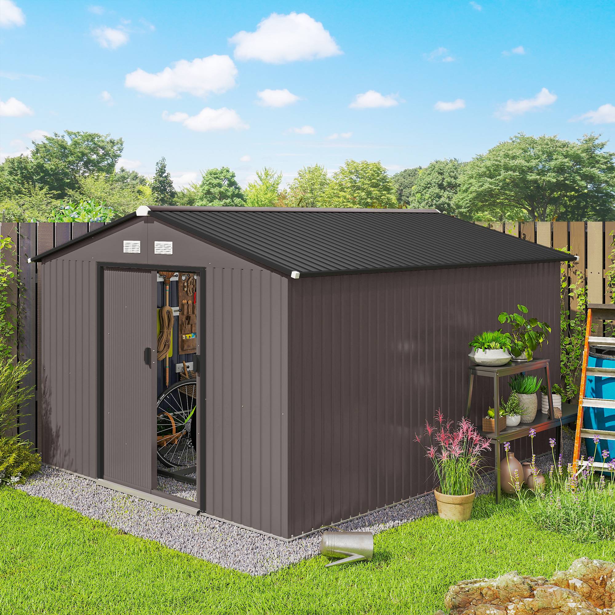 Abri de jardin métal avec double porte coulissante et 4 aérations 322x277x192 cm espace rangement marron - Image 3