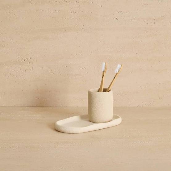 Gobelet Brosse à Dents en Résine "Olea" 9cm Beige - Image 2