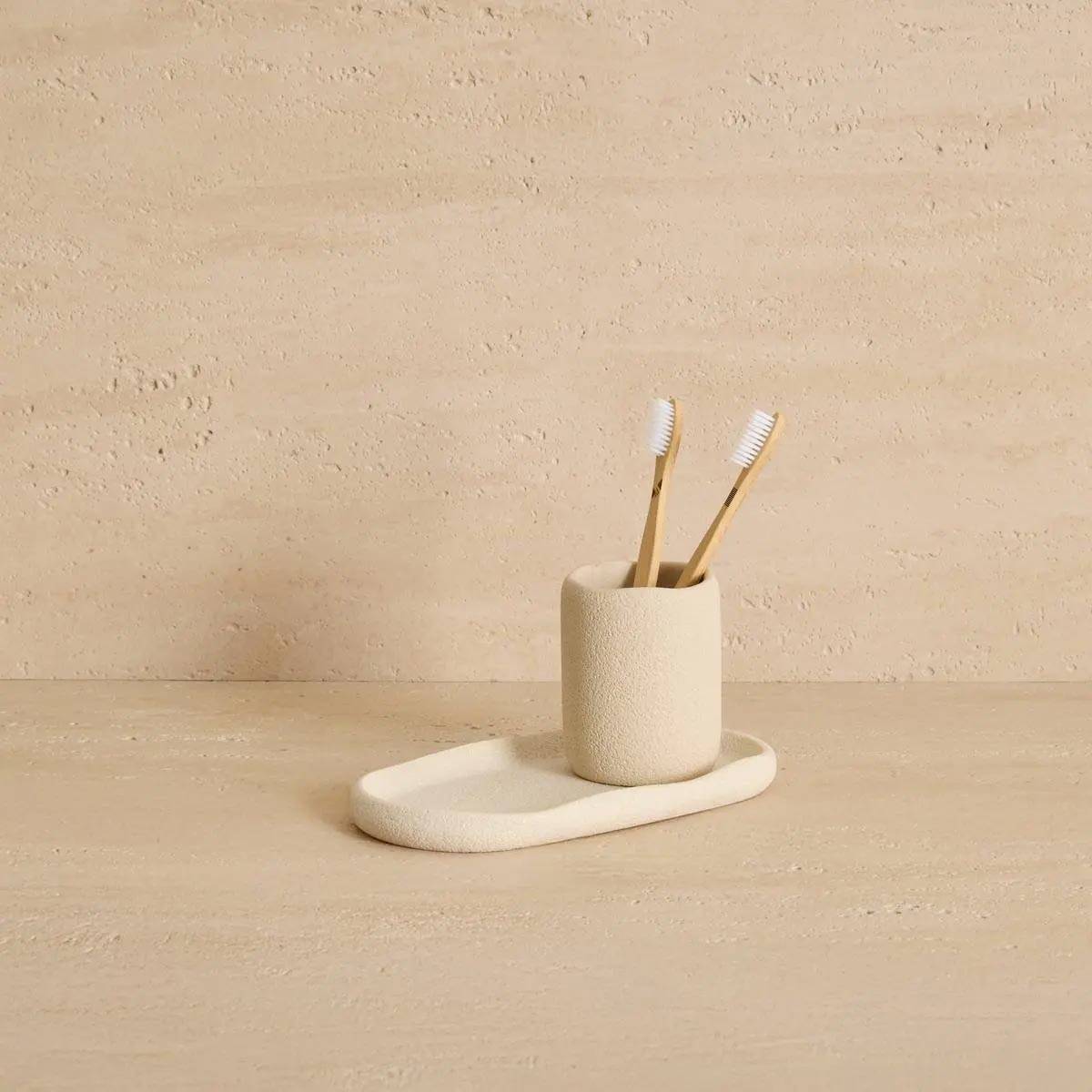 Gobelet Brosse à Dents en Résine "Olea" 9cm Beige - Image 2