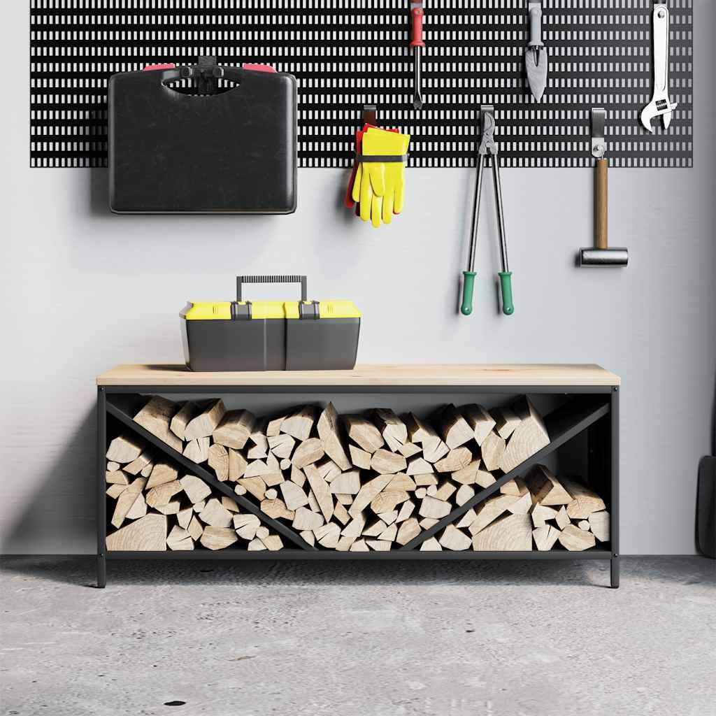 Banc range-bûches en acier avec assise en bois Stockage bois intérieur 100cm Noir - ComfortXL Outdoor Living - Image 3