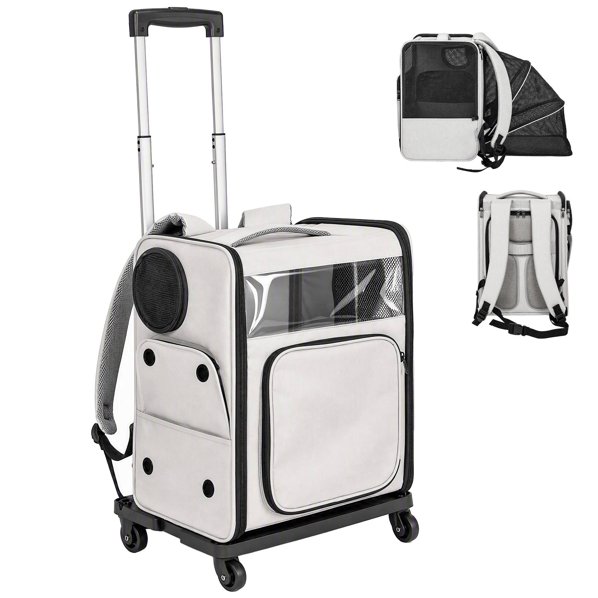 Sans Marque - Sac Transport Chat 2en1 Roulettes Pliable Extensible Ventilé Soutien Lombaire 34x28x43cm Gris - Image 2