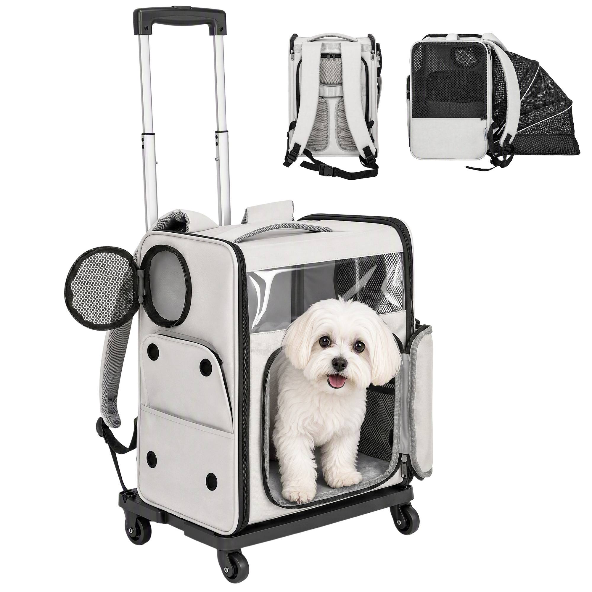 Sans Marque - Sac Transport Chat 2en1 Roulettes Pliable Extensible Ventilé Soutien Lombaire 34x28x43cm Gris