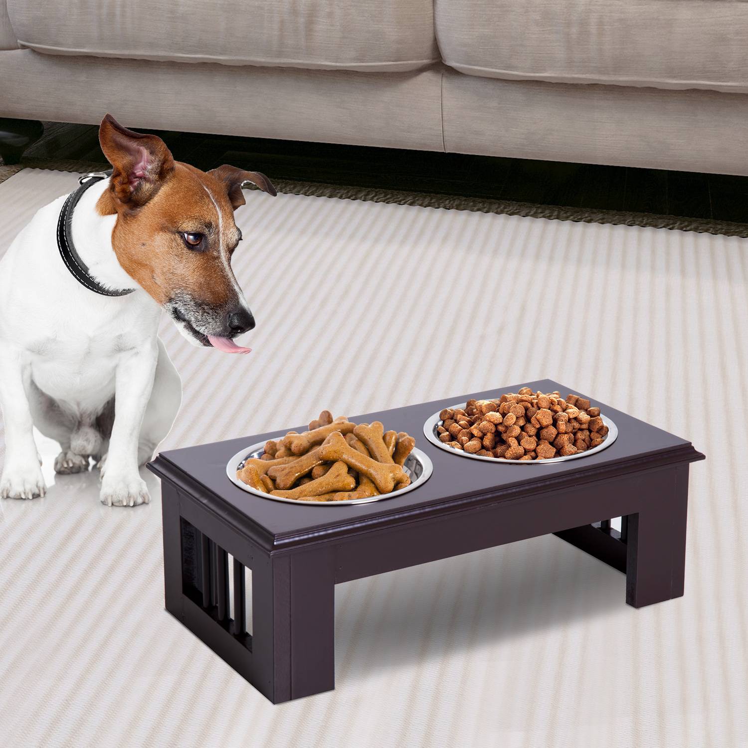 Sans Marque - Gamelle surélevée chien 2 compartiments, 2 gamelles 900ml inox, station alimentation petits chiens et chats, espresso - Image 4