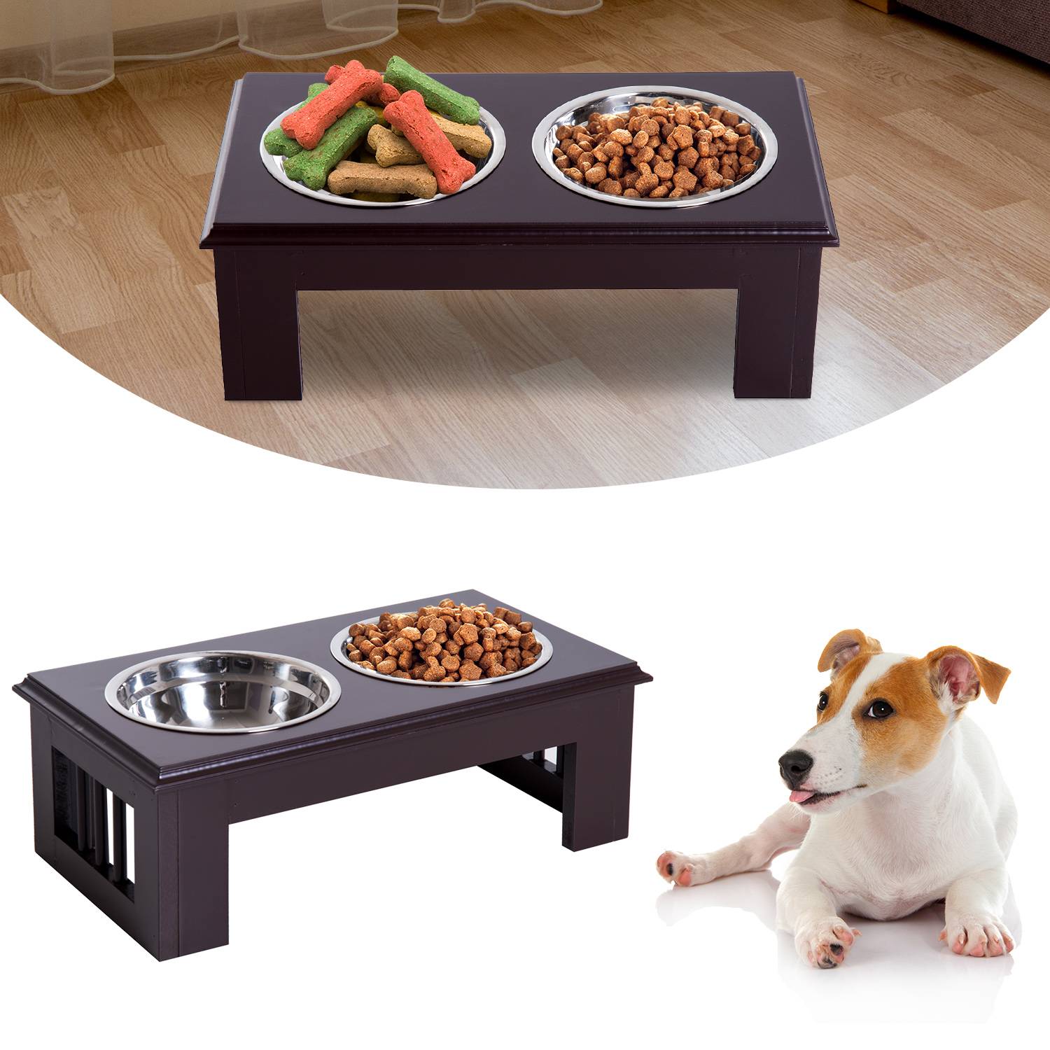Sans Marque - Gamelle surélevée chien 2 compartiments, 2 gamelles 900ml inox, station alimentation petits chiens et chats, espresso - Image 3