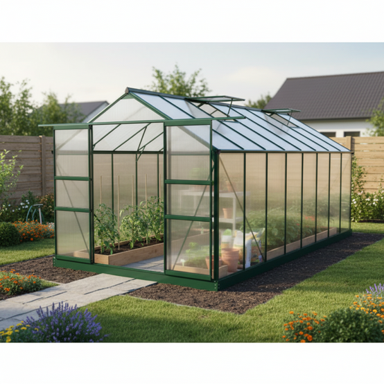Serre de jardin polycarbonate 15m² vert avec embase et portes coulissantes Green Protect - Image 1