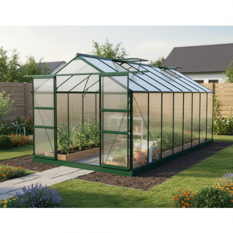 Serre de jardin polycarbonate 15m² vert avec embase et portes coulissantes Green Protect - Image 1