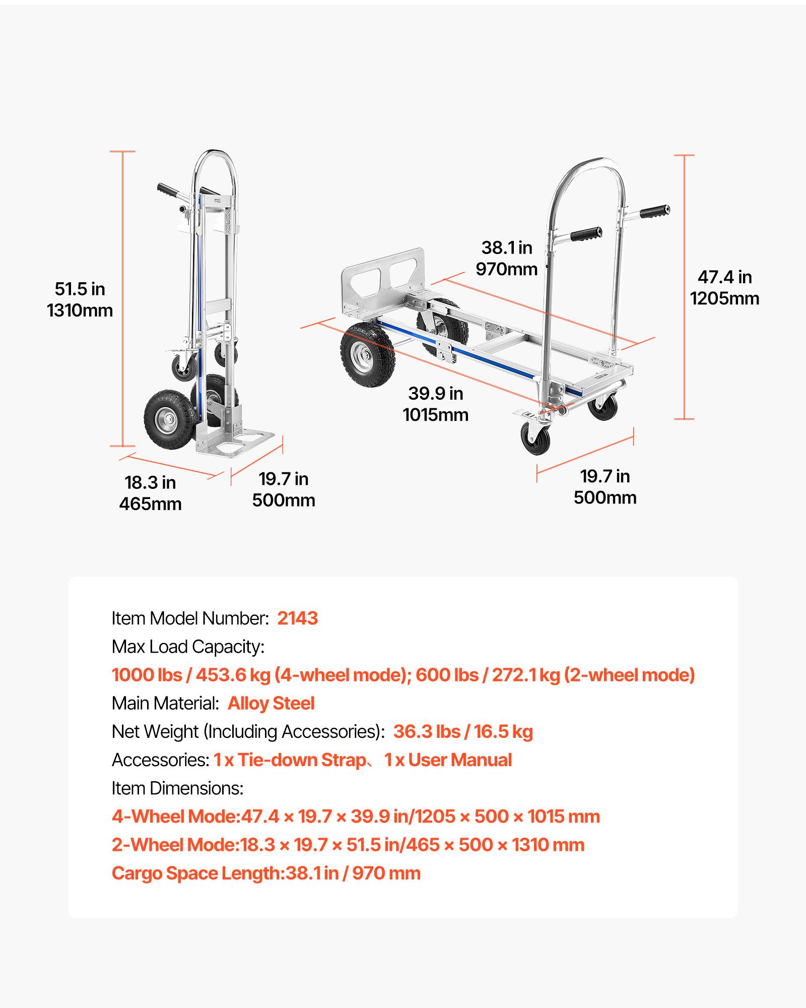 VEVOR Diable Pliant Déménagement Convertible en Chariot 2 en 1 453,6 kg 4 Roues - Image 7