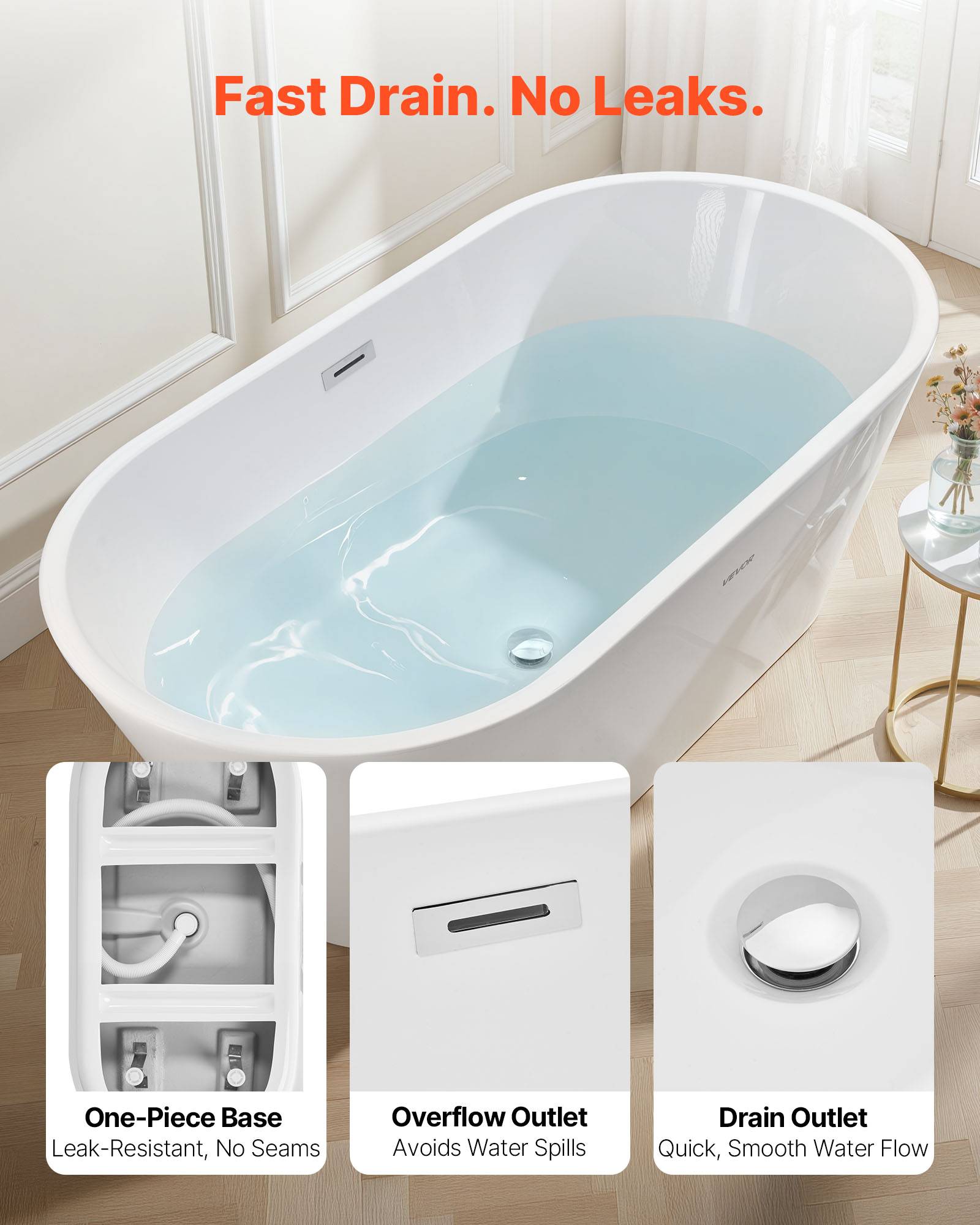 VEVOR Baignoire Autoportante en Acrylique 150x75 cm pour Bain de Trempage Blanc - Image 4