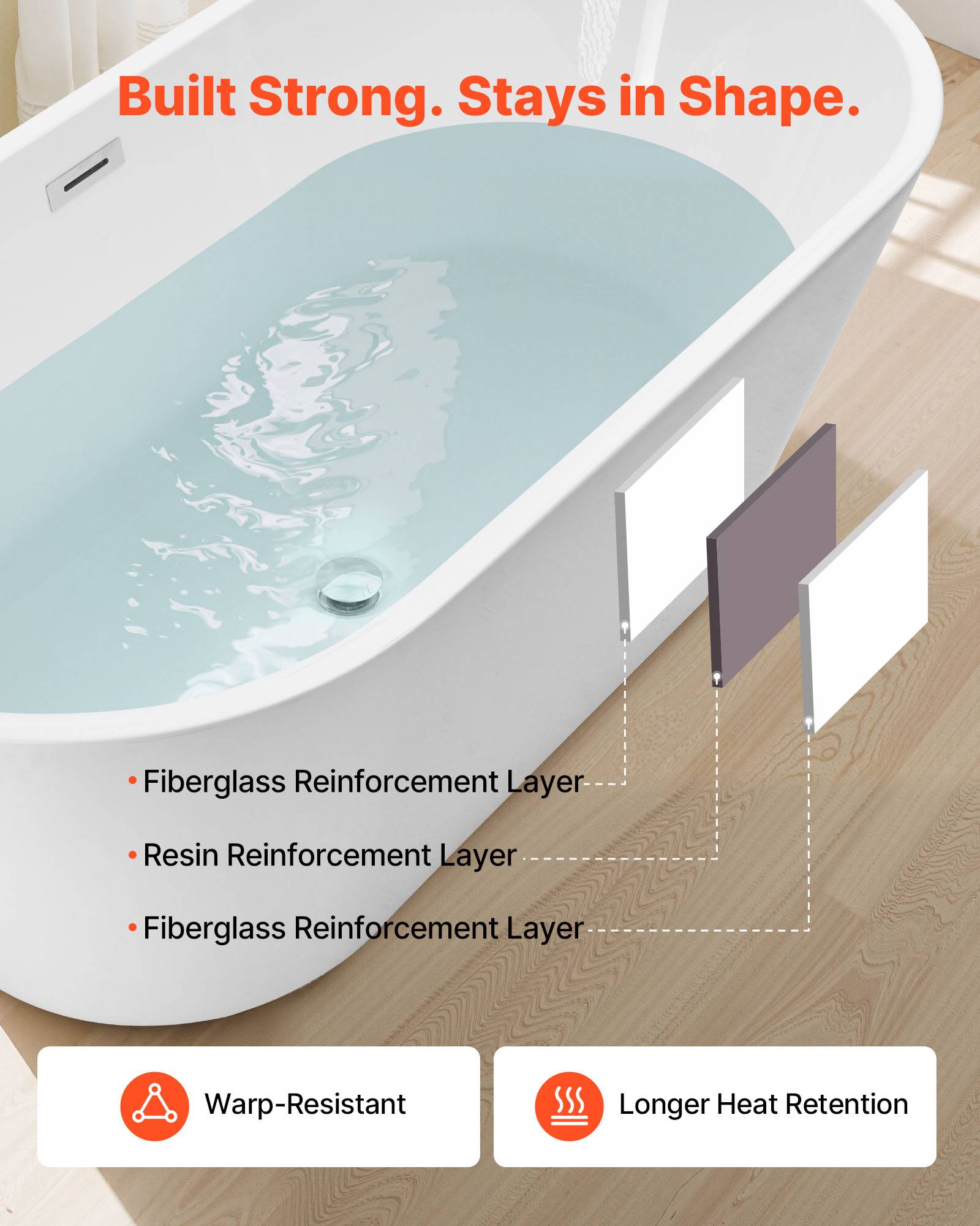 VEVOR Baignoire Autoportante en Acrylique 150x75 cm pour Bain de Trempage Blanc - Image 5