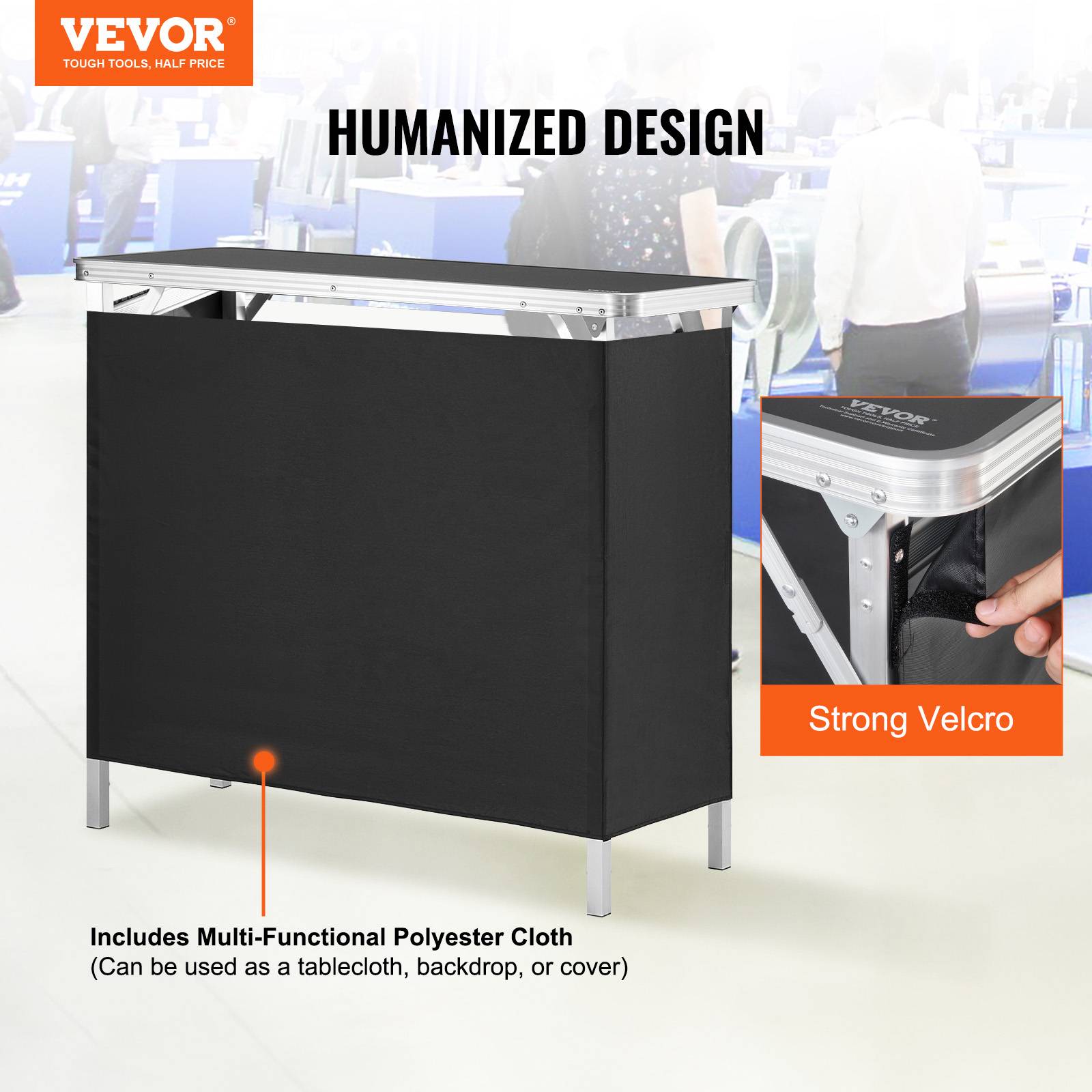 VEVOR Comptoir de stand pliant 97.5x38.5x87cm, portable avec étagère, jupe noire et sac, pour exposition. - Image 2