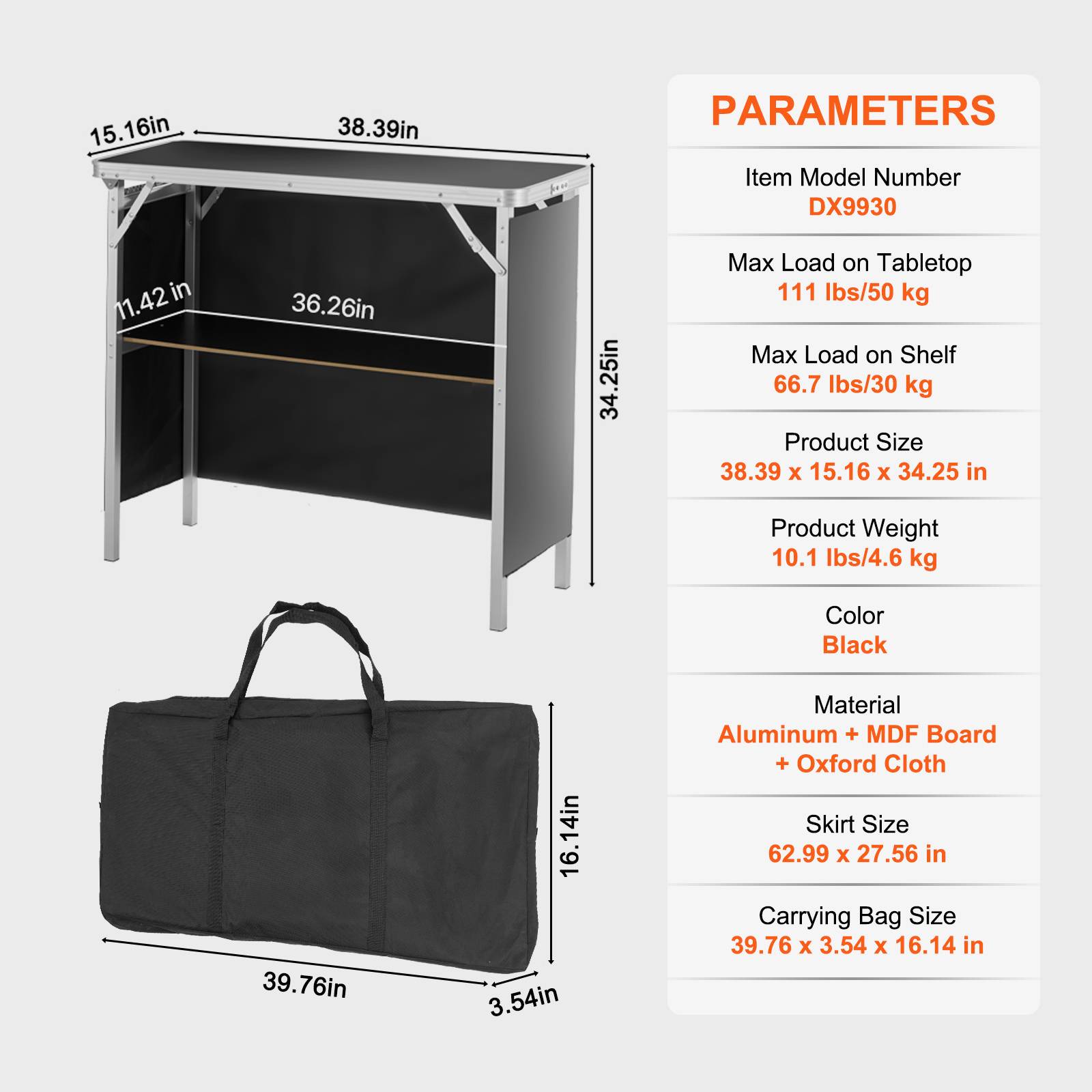 VEVOR Comptoir de stand pliant 97.5x38.5x87cm, portable avec étagère, jupe noire et sac, pour exposition. - Image 7