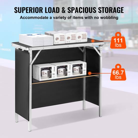 VEVOR Comptoir de stand pliant 97.5x38.5x87cm, portable avec étagère, jupe noire et sac, pour exposition. - Image 3