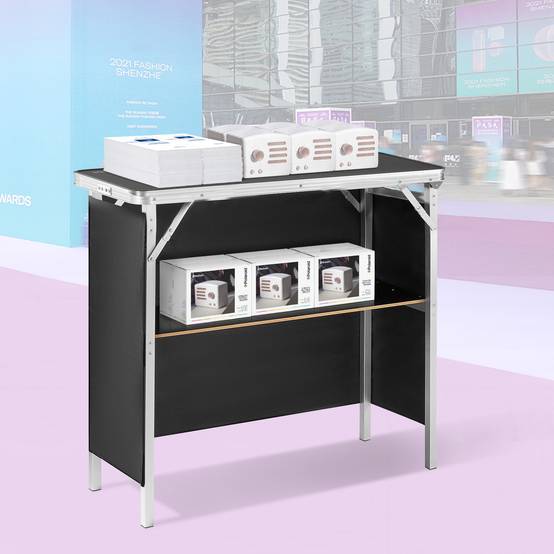 VEVOR Comptoir de stand pliant 97.5x38.5x87cm, portable avec étagère, jupe noire et sac, pour exposition. - Image 8