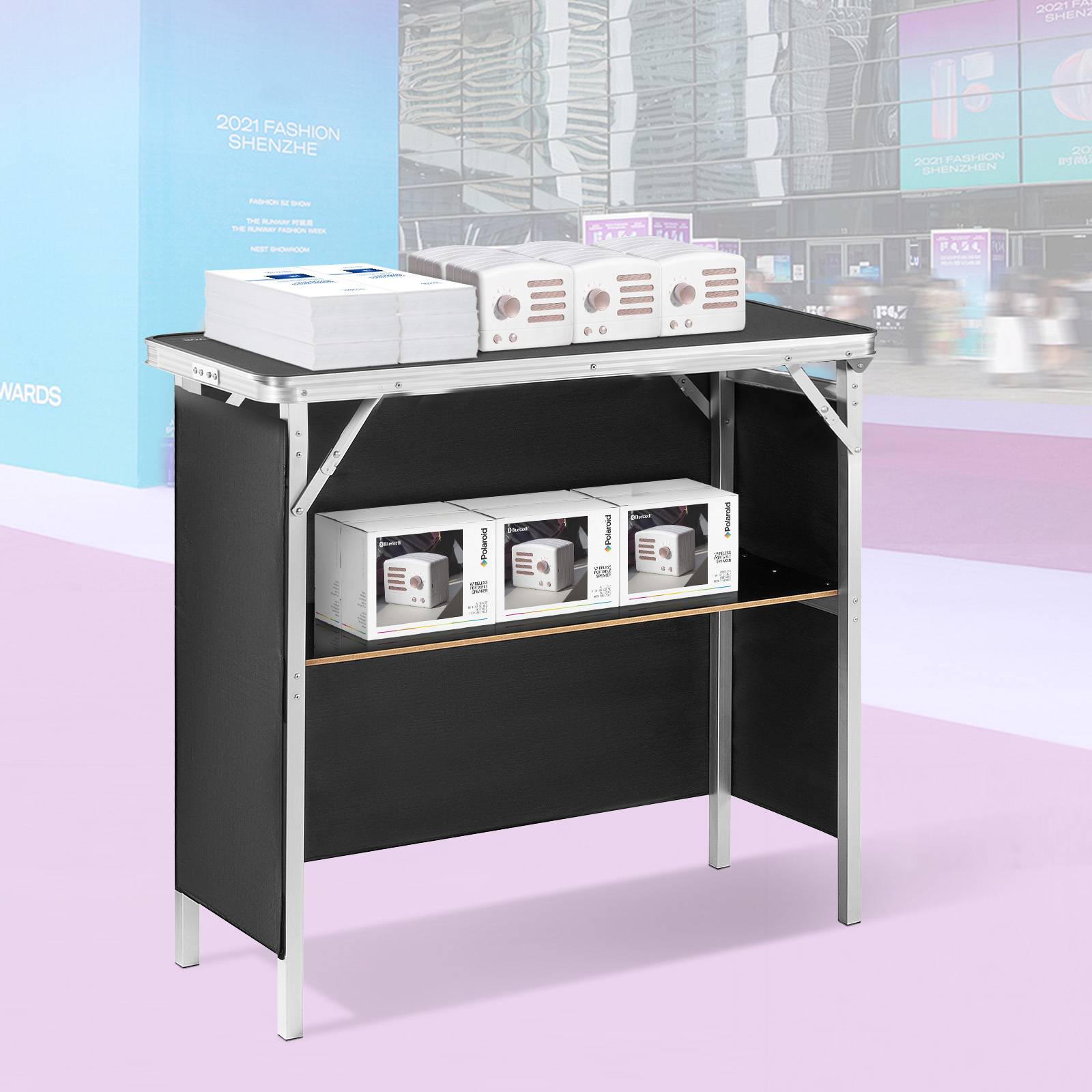 VEVOR Comptoir de stand pliant 97.5x38.5x87cm, portable avec étagère, jupe noire et sac, pour exposition. - Image 8