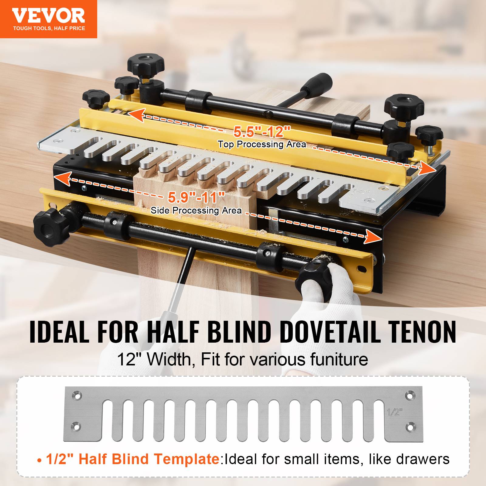 Vevor - VEVOR Gabarit à queue d’aronde semi-aveugle pour défonceuse, fraise 12,7 mm, largeur travail 140–310 mm, aluminium durable. - Image 2