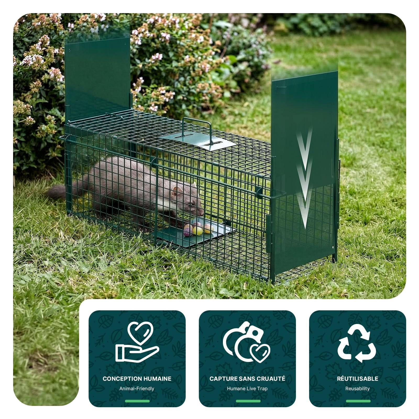 Piege pour animaux vivants cage trappe en metal 80x26x34cm vert - Image 4