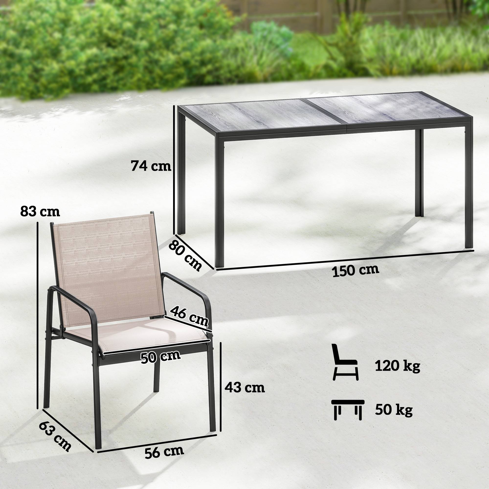 ComfortXL - Salon de jardin 7 pièces acier textilène repas extérieur table effet bois 150cm kaki - ComfortXL Outdoor Living - Image 5