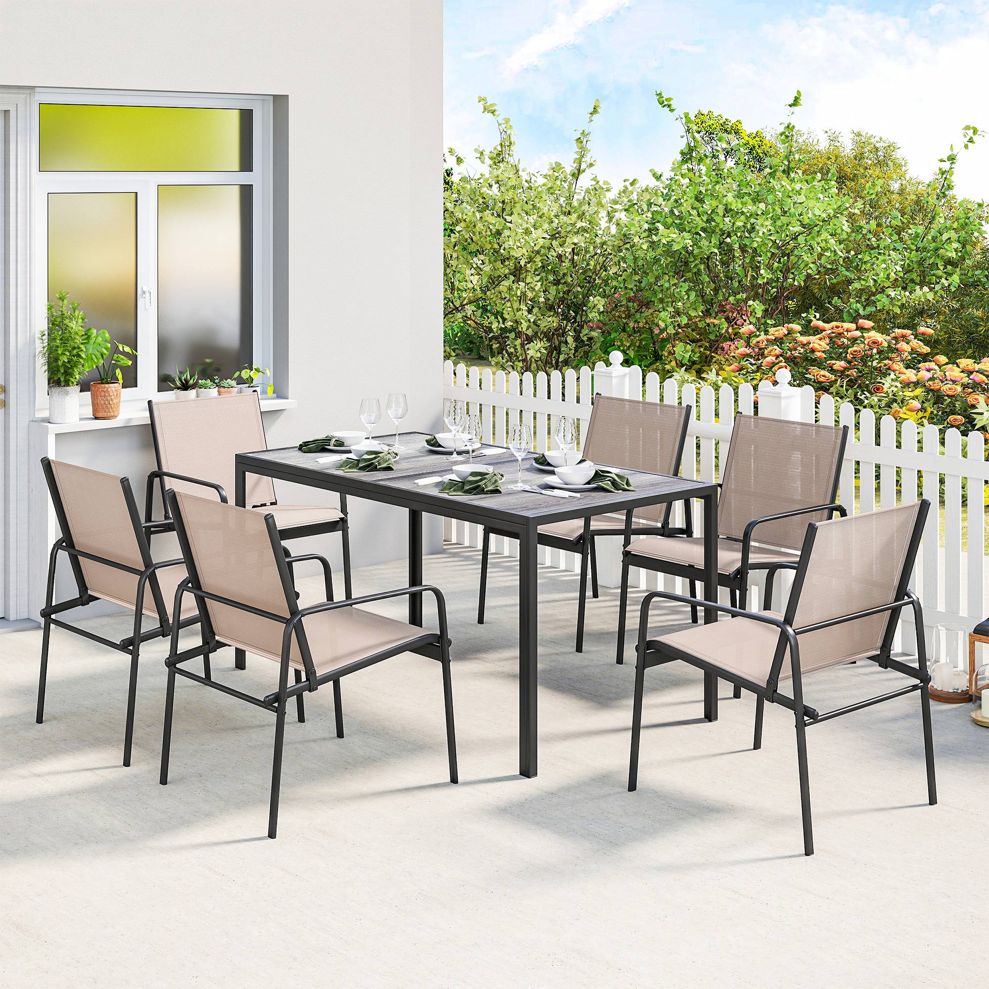 ComfortXL - Salon de jardin 7 pièces acier textilène repas extérieur table effet bois 150cm kaki - ComfortXL Outdoor Living - Image 3