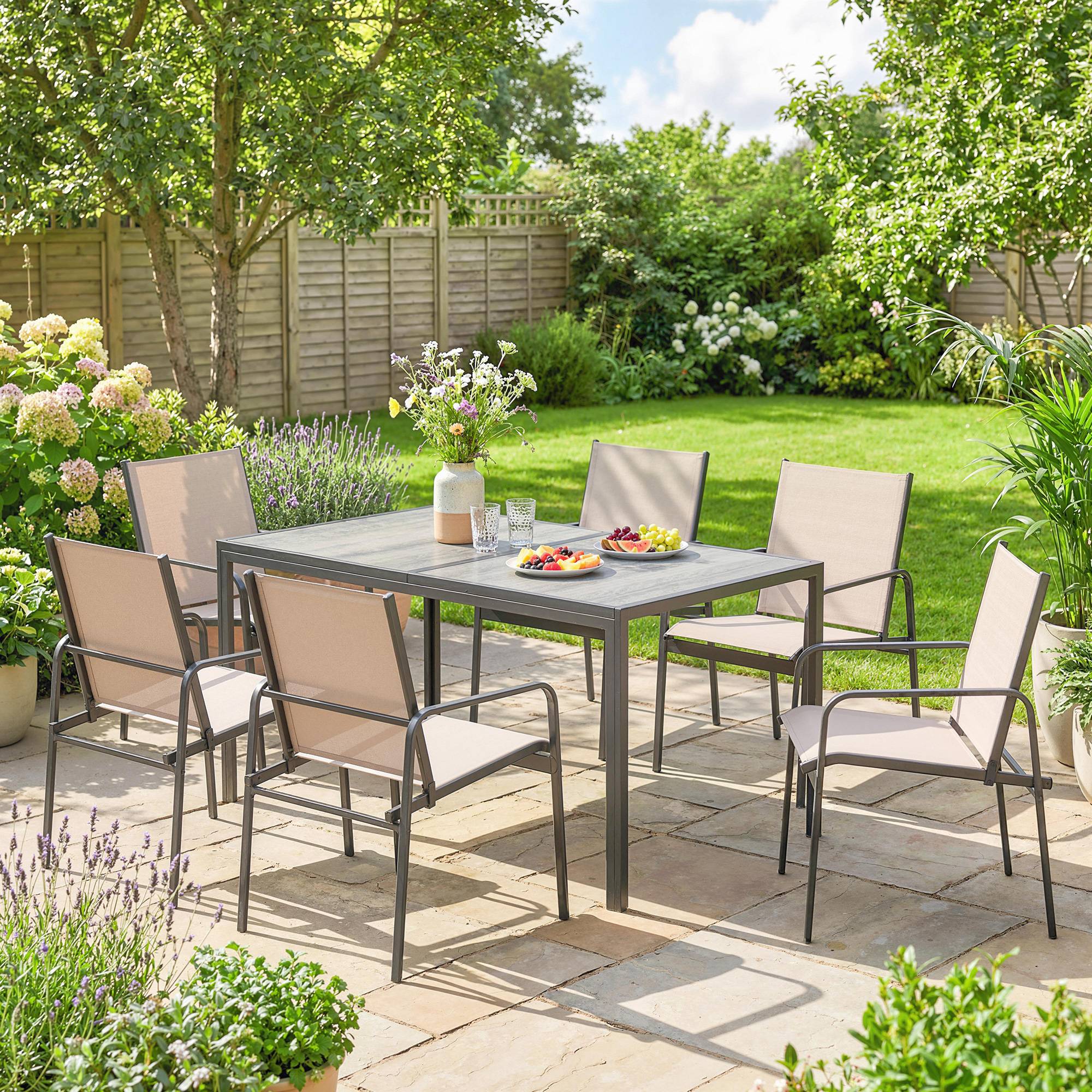 ComfortXL - Salon de jardin 7 pièces acier textilène repas extérieur table effet bois 150cm kaki - ComfortXL Outdoor Living - Image 10