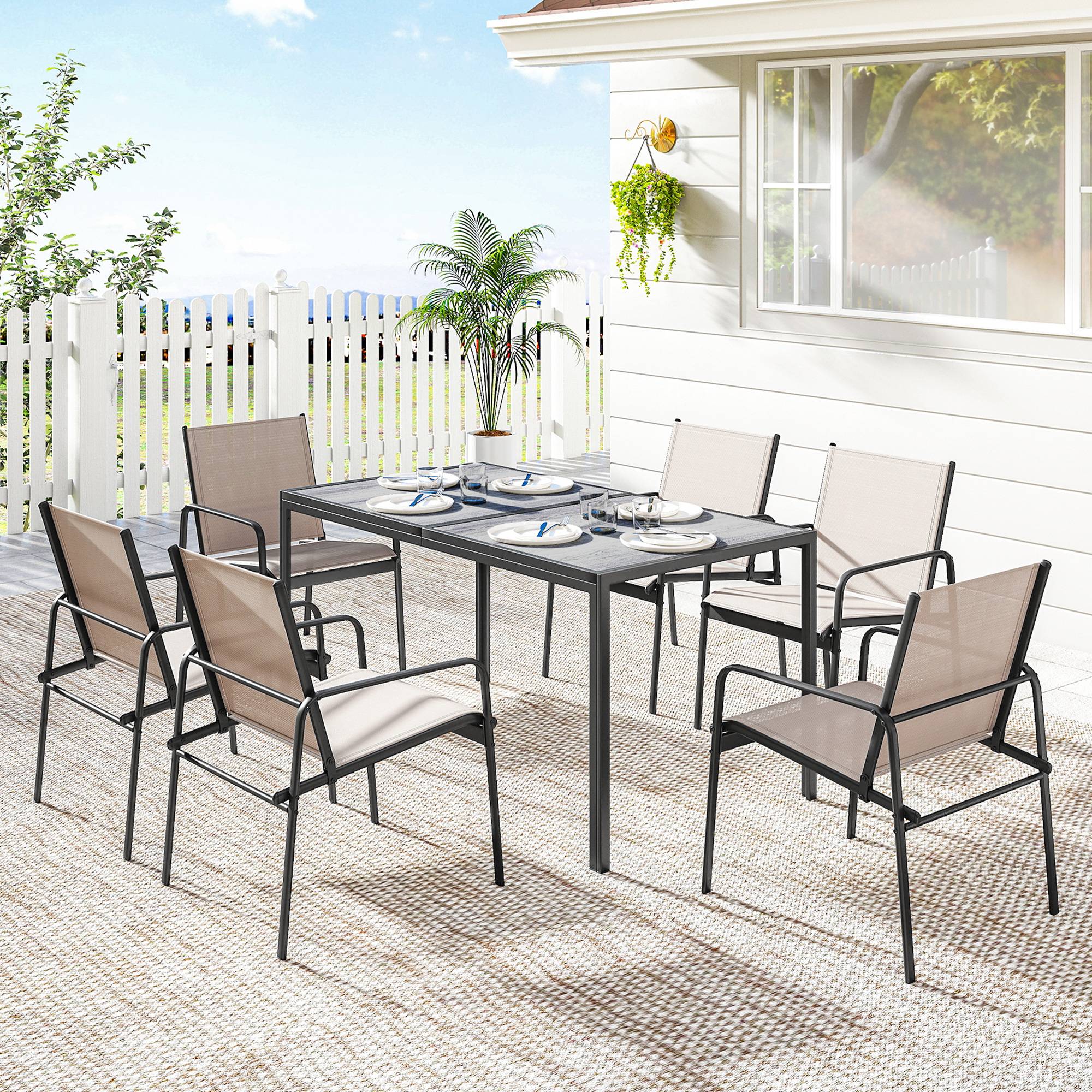 ComfortXL - Salon de jardin 7 pièces acier textilène repas extérieur table effet bois 150cm kaki - ComfortXL Outdoor Living - Image 4