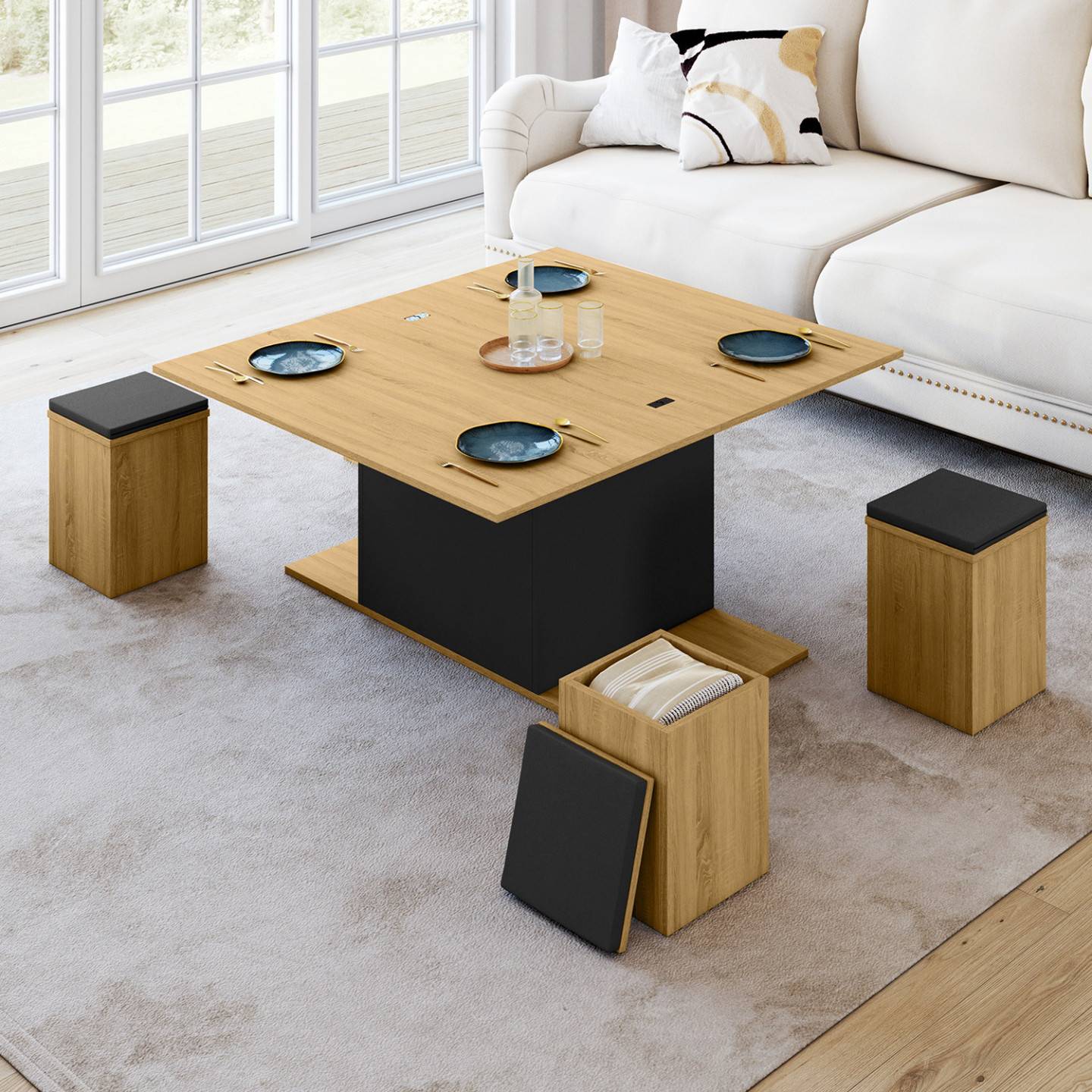 Table basse fixe relevable en table à manger rectangulaire URBANA plateau façon hêtre pied noir design industriel - Gamm vert