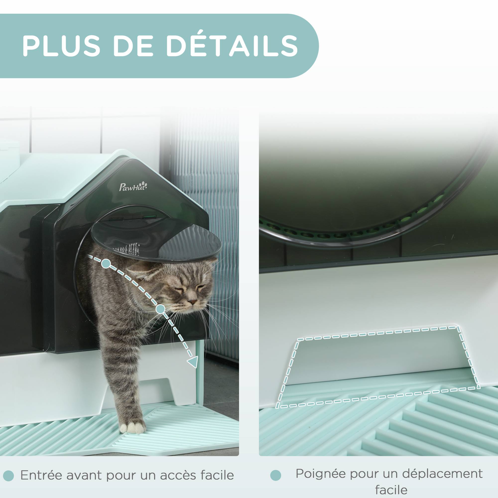 Maison de toilette bac à litière pour chat design maisonnette avec pelle, filtre et tapis dim. 47L x 45l x 42H cm bleu - Image 9