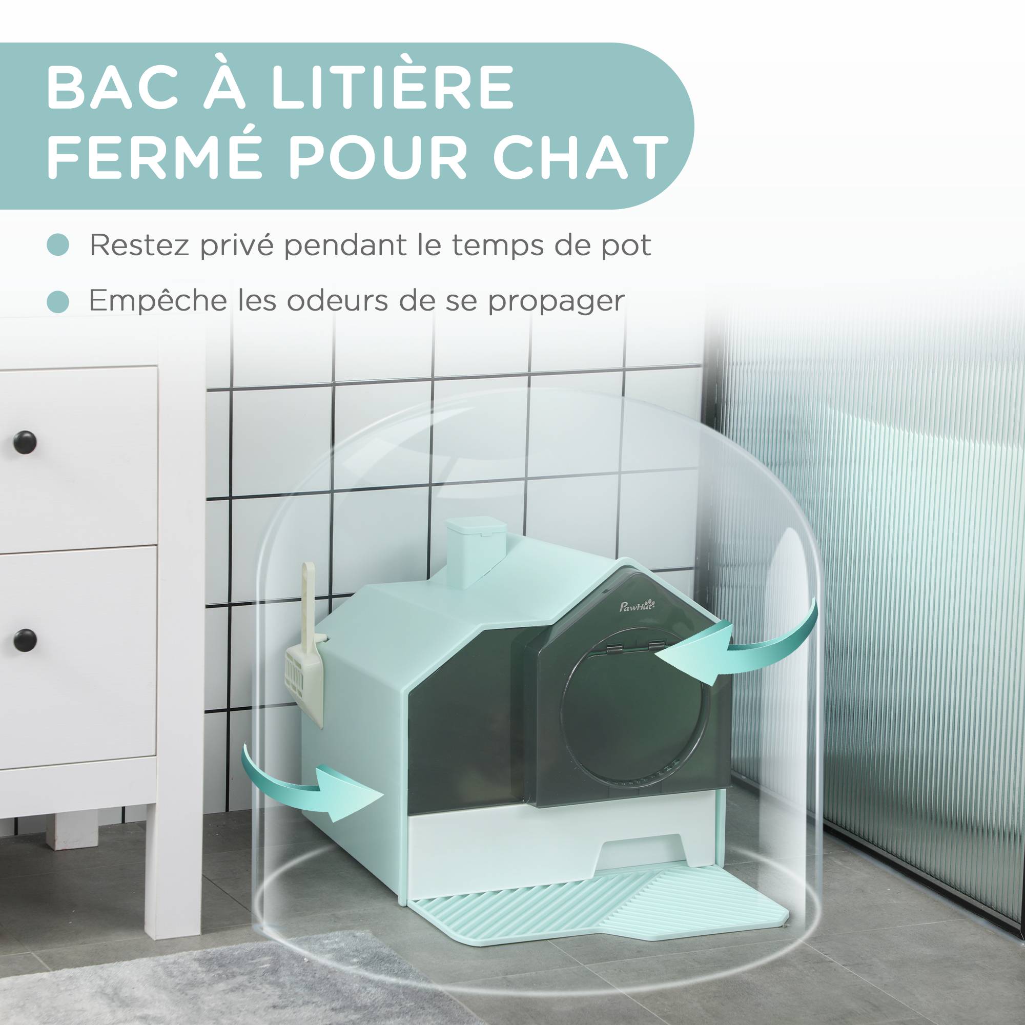 Maison de toilette bac à litière pour chat design maisonnette avec pelle, filtre et tapis dim. 47L x 45l x 42H cm bleu - Image 8