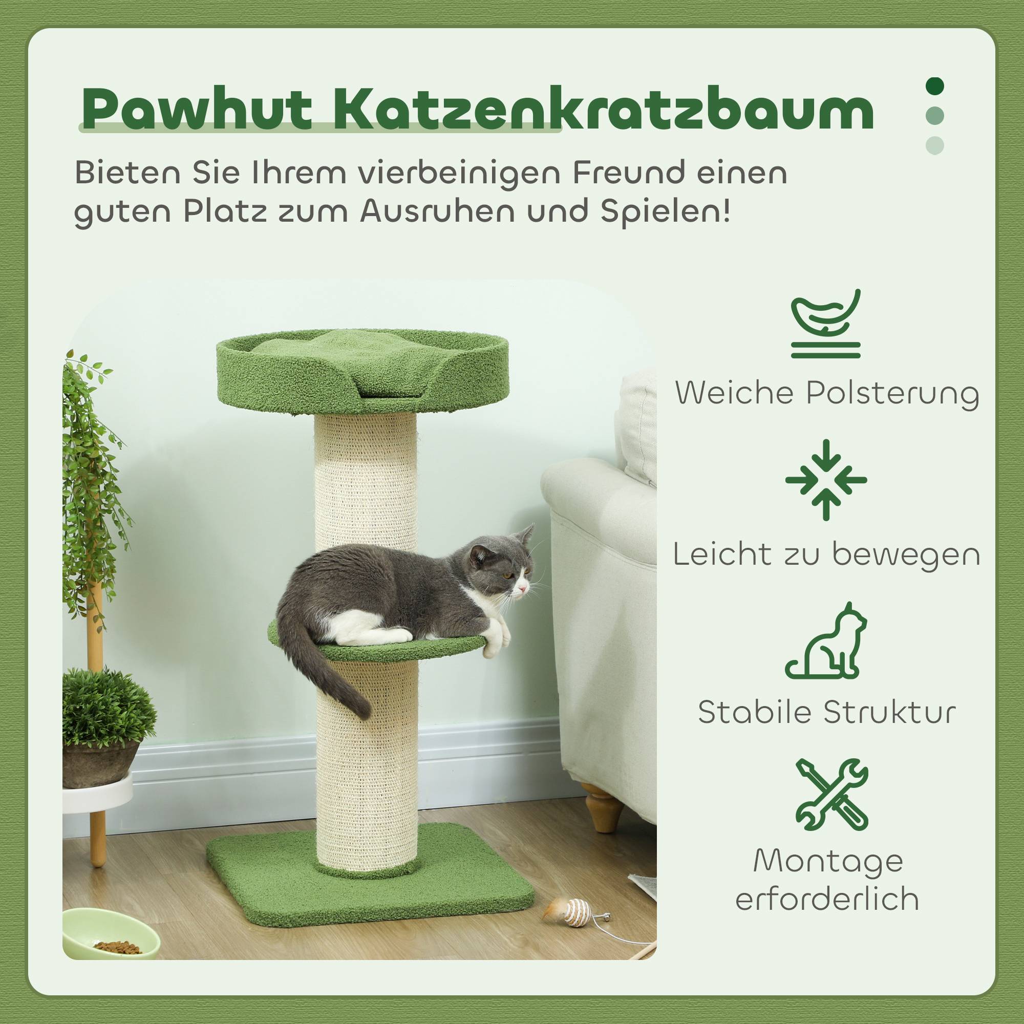 Arbre à chat laine d'agneau et sisal vert 45 x 45 x 91 cm - PANGIVO - Image 6