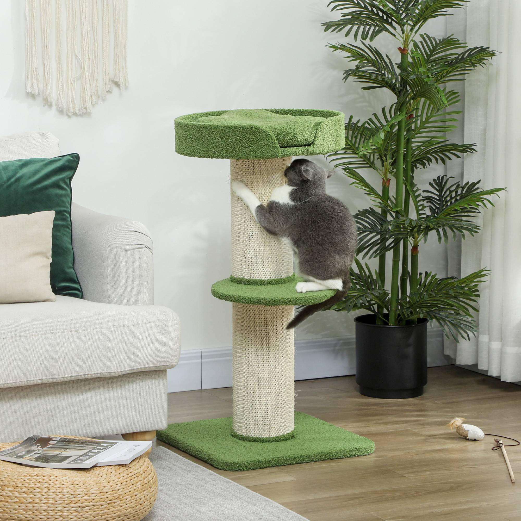 Arbre à chat laine d'agneau et sisal vert 45 x 45 x 91 cm - PANGIVO - Image 4