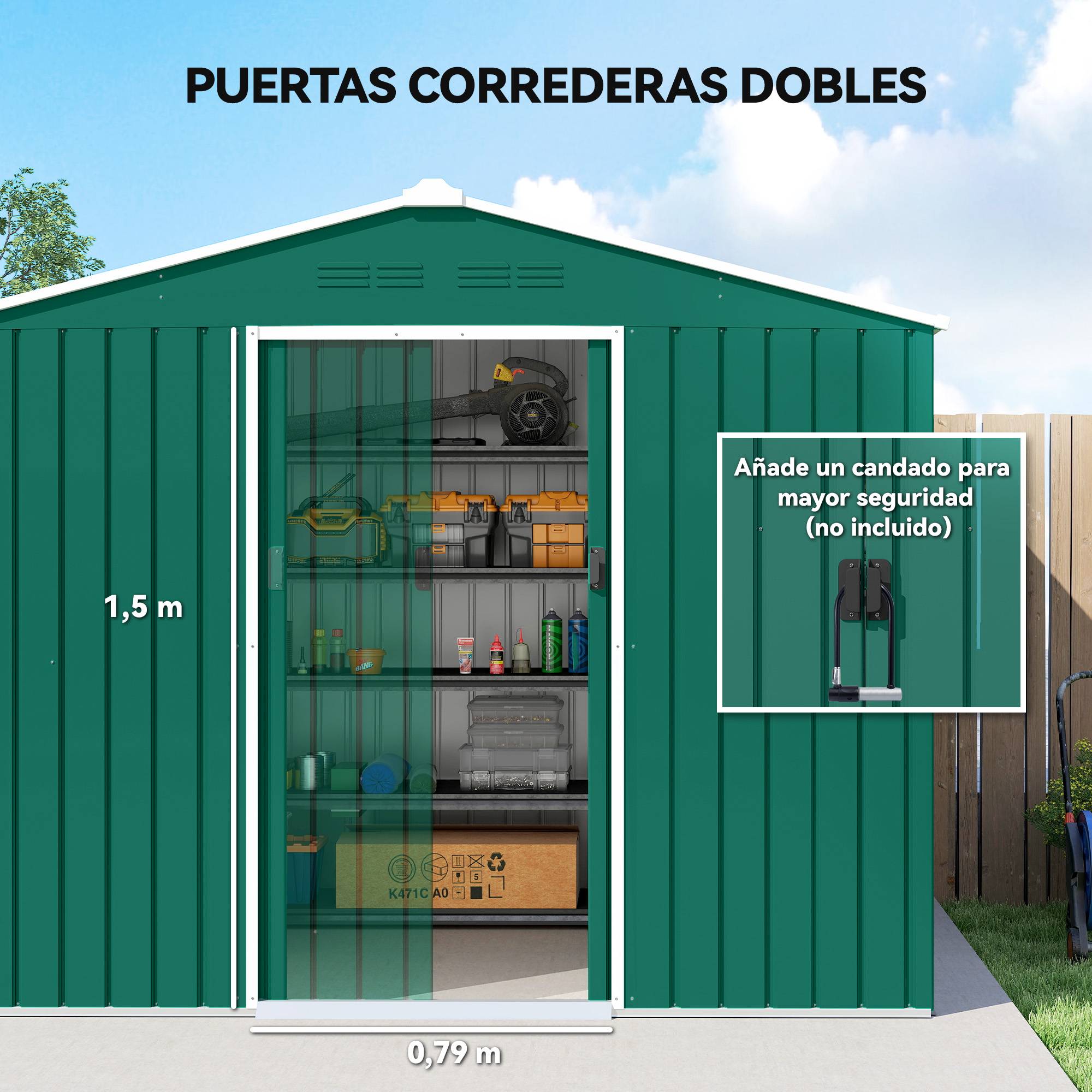 Abri de jardin extérieur 3,6 m² (236 x 171 x 191 cm) avec portes coulissantes et aérations, vert - Image 7