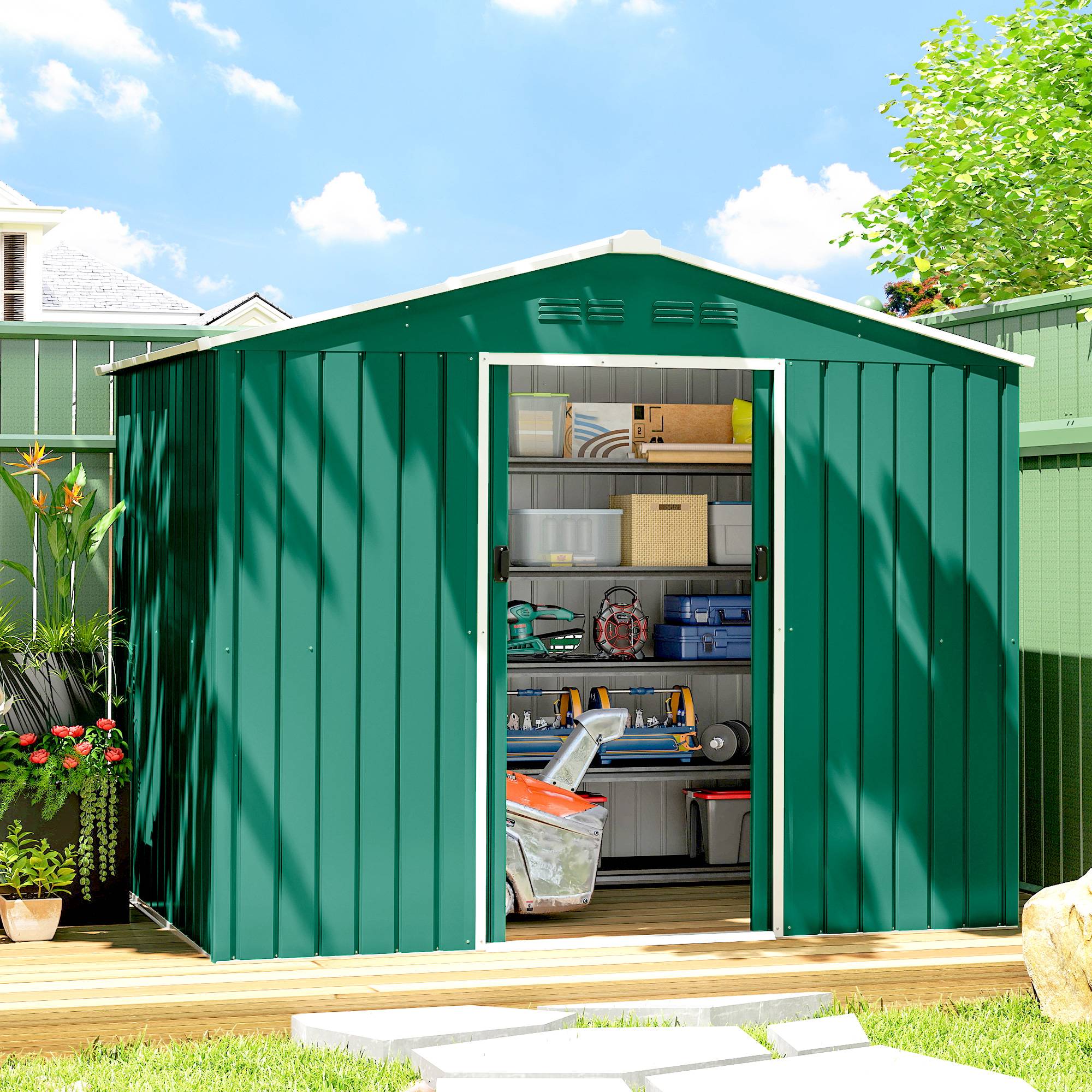 Abri de jardin extérieur 3,6 m² (236 x 171 x 191 cm) avec portes coulissantes et aérations, vert - Image 3