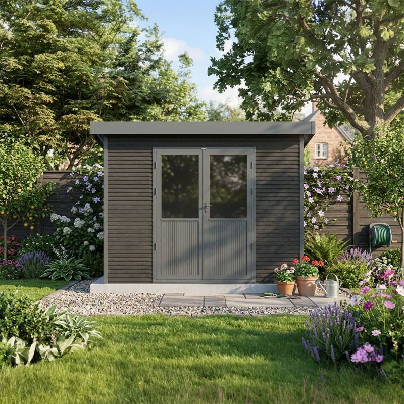 Barac - Abri de jardin en bois composite 28mm - Onyx 32 - 6m² - Gris - Image 1