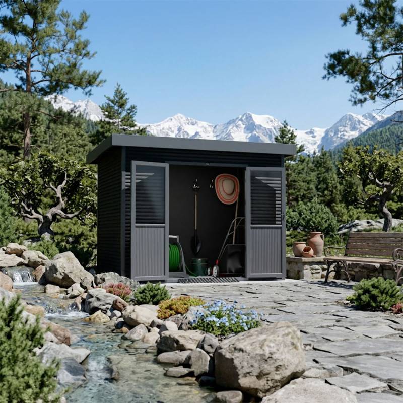 Barac - Abri de jardin en bois composite 28mm - Onyx 32 - 6m² - Gris - Image 5