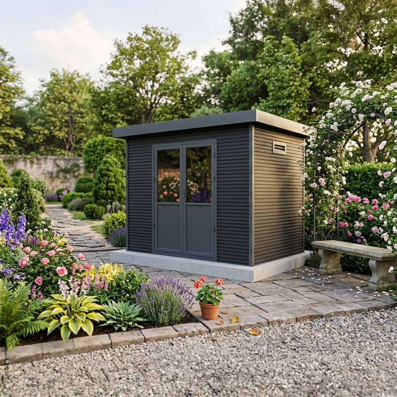 Barac - Abri de jardin en bois composite 28mm - Onyx 32 - 6m² - Gris - Image 10