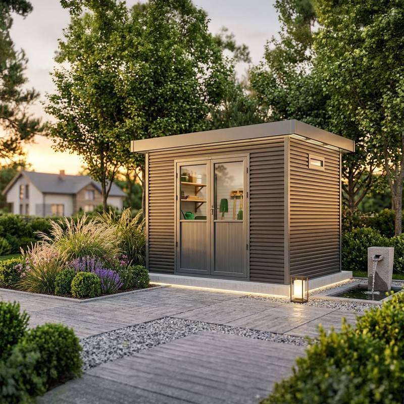 Barac - Abri de jardin en bois composite 28mm - Onyx 32 - 6m² - Gris - Image 3