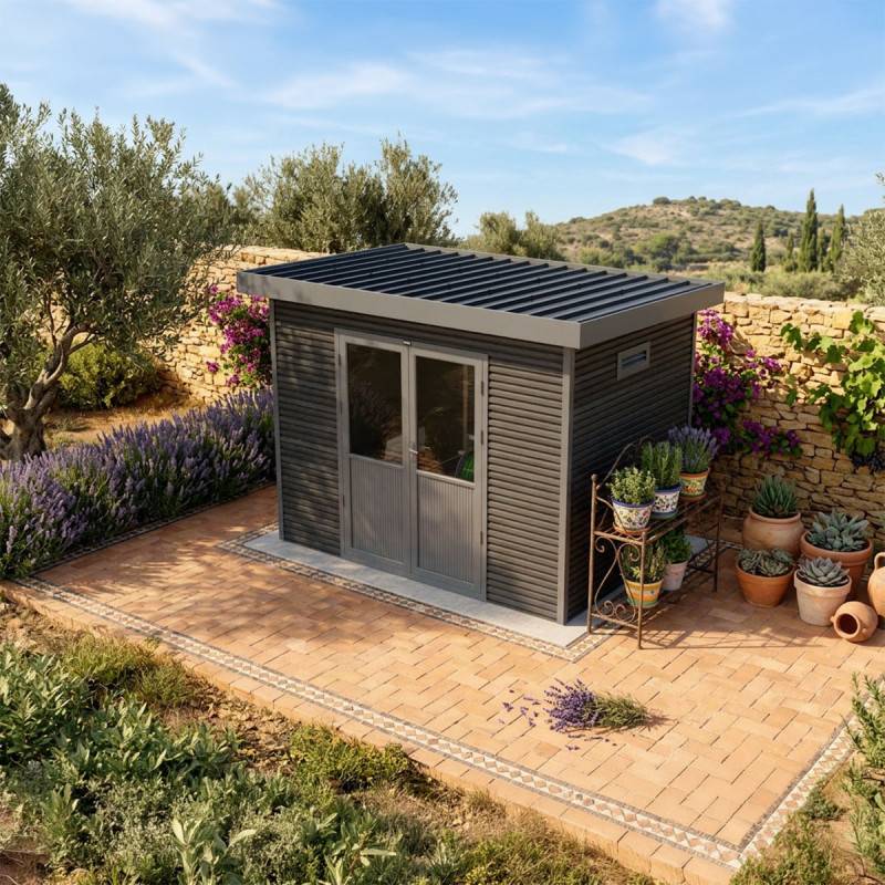 Barac - Abri de jardin en bois composite 28mm - Onyx 32 - 6m² - Gris - Image 4
