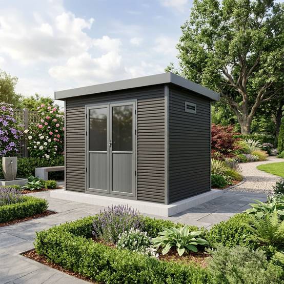 Barac - Abri de jardin en bois composite 28mm - Onyx 32 - 6m² - Gris - Image 9