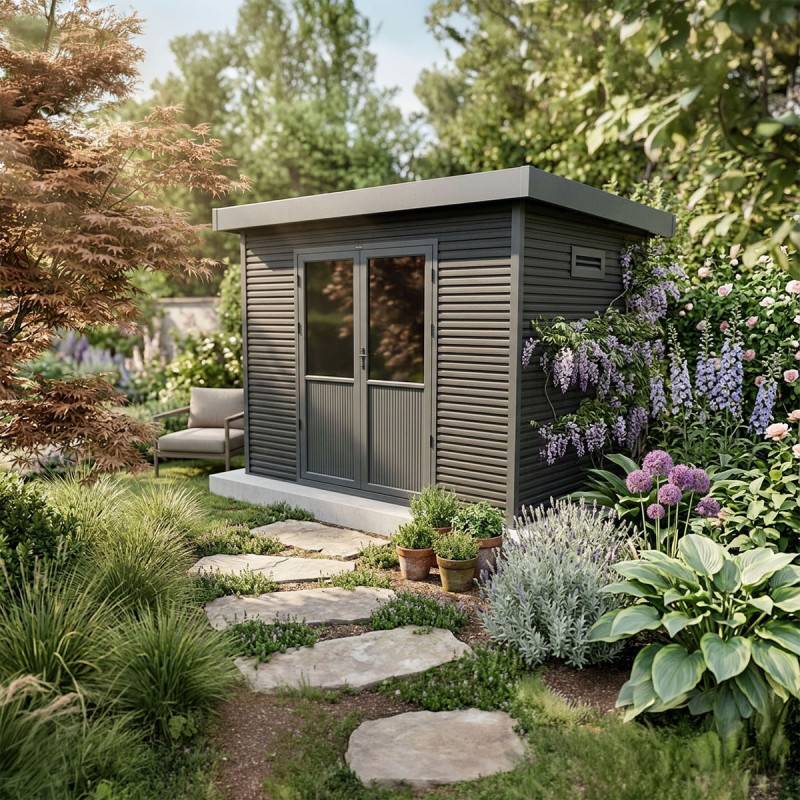 Barac - Abri de jardin en bois composite 28mm - Onyx 32 - 6m² - Gris - Image 8