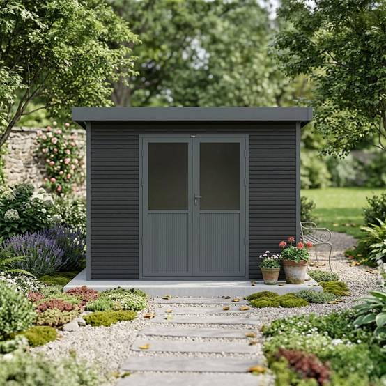 Barac - Abri de jardin en bois composite 28mm - Onyx 32 - 6m² - Gris - Image 6