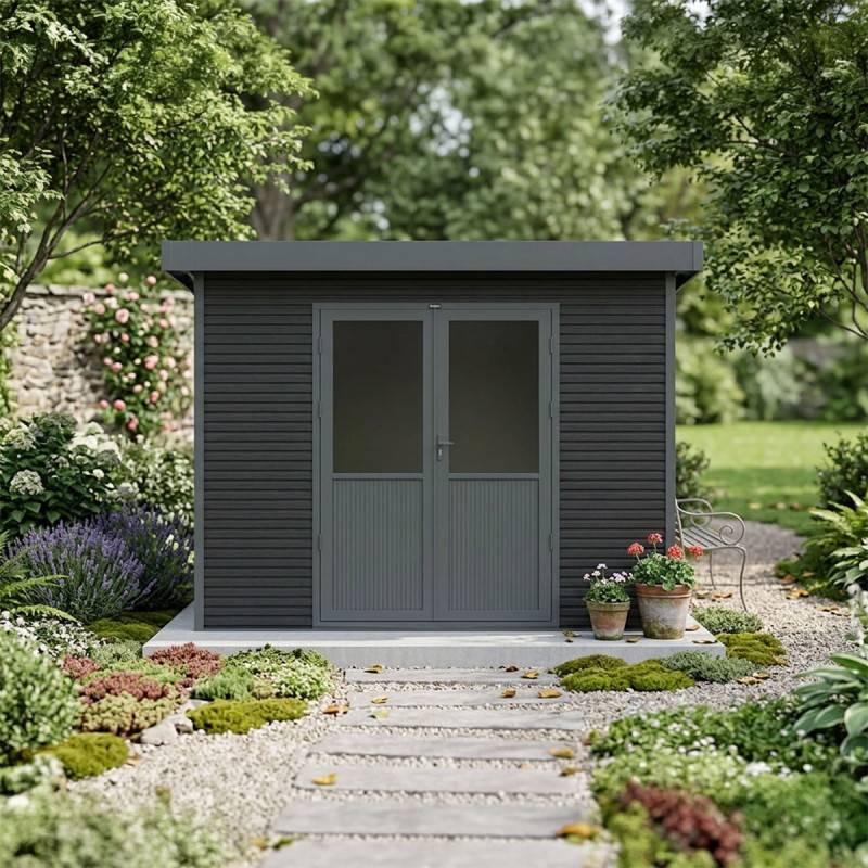 Barac - Abri de jardin en bois composite 28mm - Onyx 32 - 6m² - Gris - Image 6