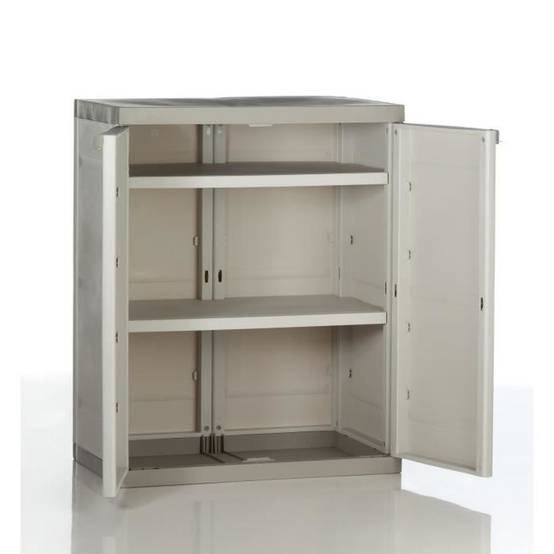 Armoire basse en résine 2 portes avec 2 étagères 70 x 44 x 88 cm Beige et Taupe - PLASTIKEN - Image 2