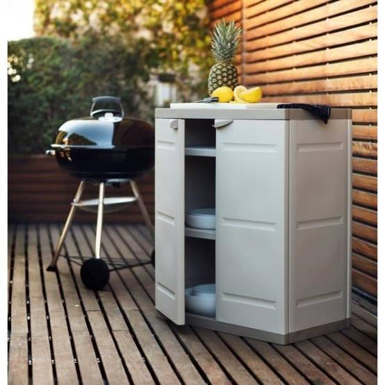 Armoire basse en résine 2 portes avec 2 étagères 70 x 44 x 88 cm Beige et Taupe - PLASTIKEN - Image 3