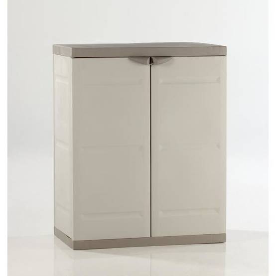 Armoire basse en résine 2 portes avec 2 étagères 70 x 44 x 88 cm Beige et Taupe - PLASTIKEN - Image 1