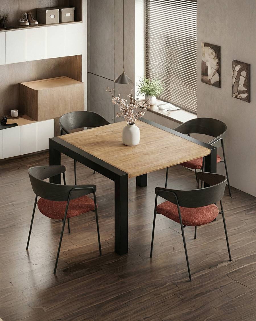 Arche - Table repas carrée en teck massif et métal L130 cm 8 pers. - UNIQKA - Image 2