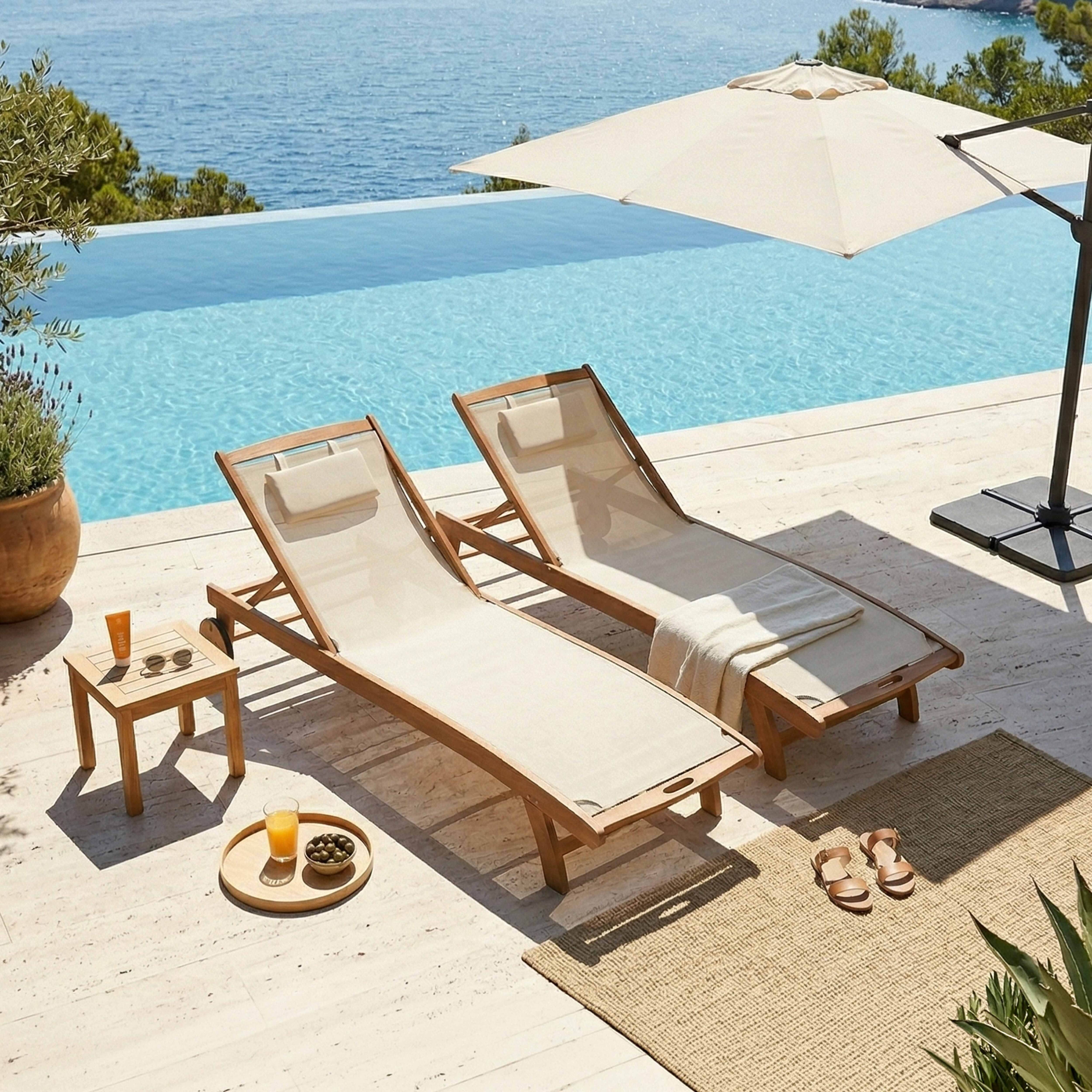 Oviala - Lot de 2 bains de soleil en bois inclinable avec roues écru Aubagne - Oviala - Image 3