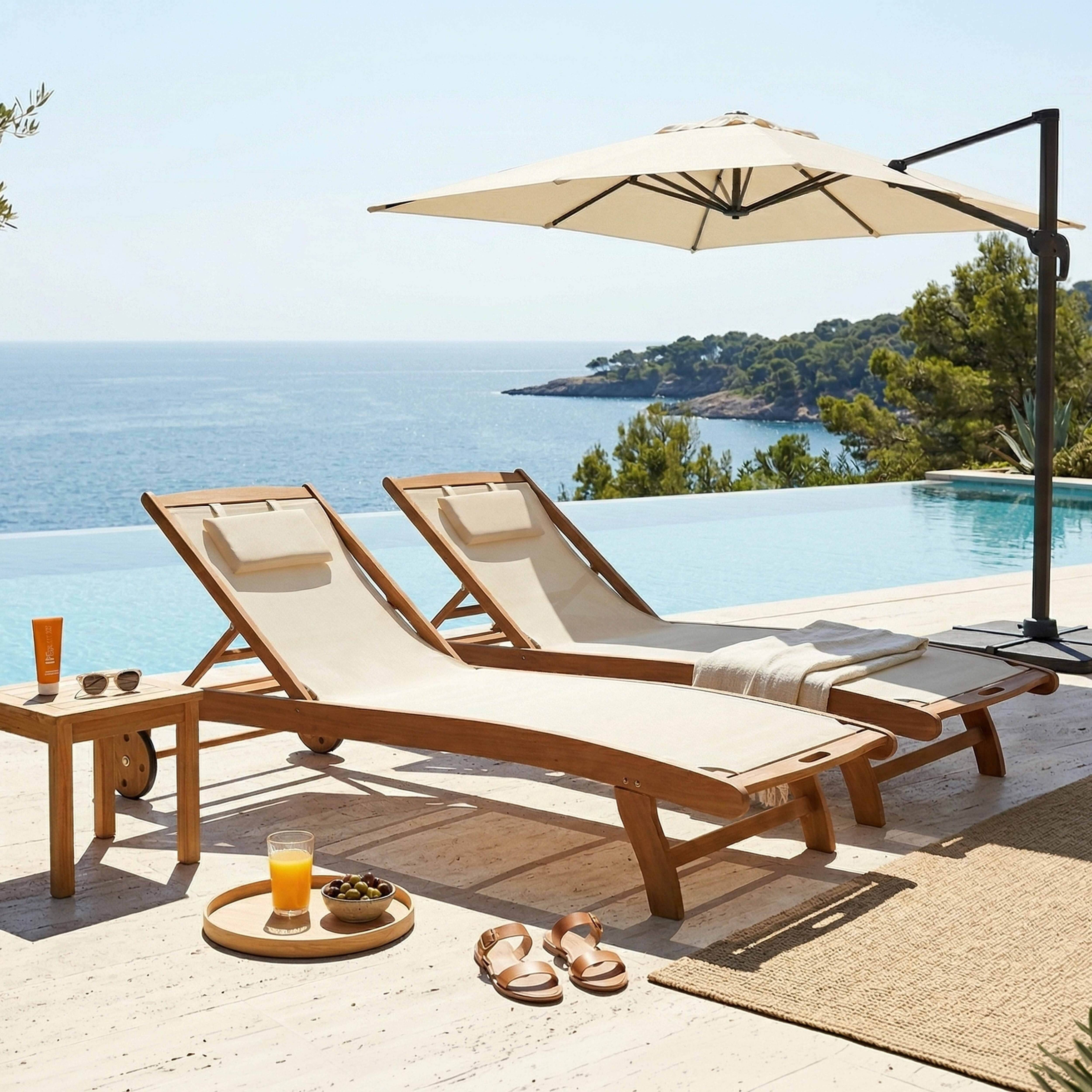 Oviala - Lot de 2 bains de soleil en bois inclinable avec roues écru Aubagne - Oviala - Image 2