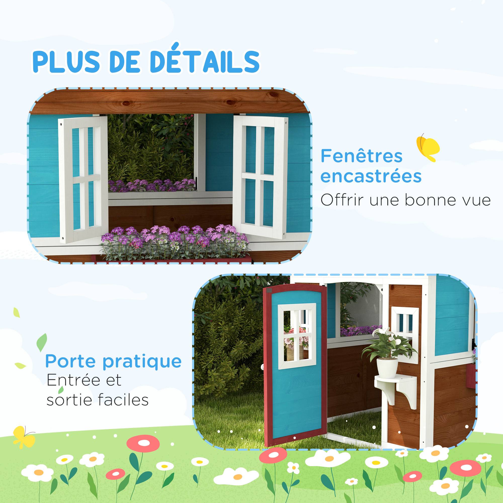 Cabane enfant extérieur maison enfant extérieure avec porte fenêtres et jardinières 114 x 126,4 x 135 cm Marron - Image 9