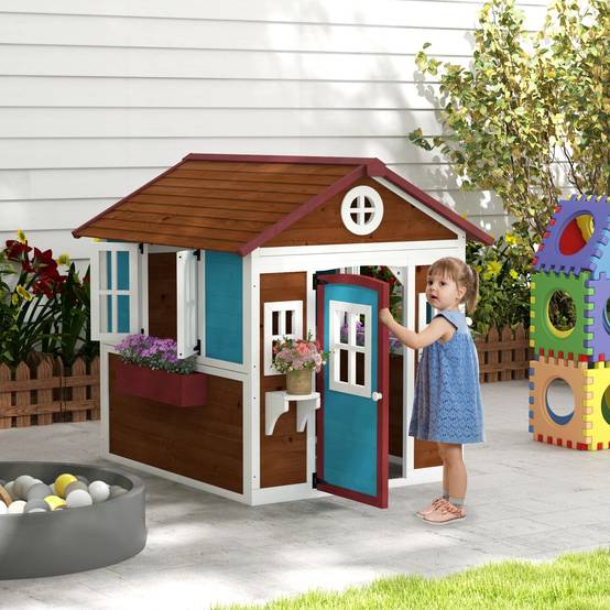 Cabane enfant extérieur maison enfant extérieure avec porte fenêtres et jardinières 114 x 126,4 x 135 cm Marron - Image 3