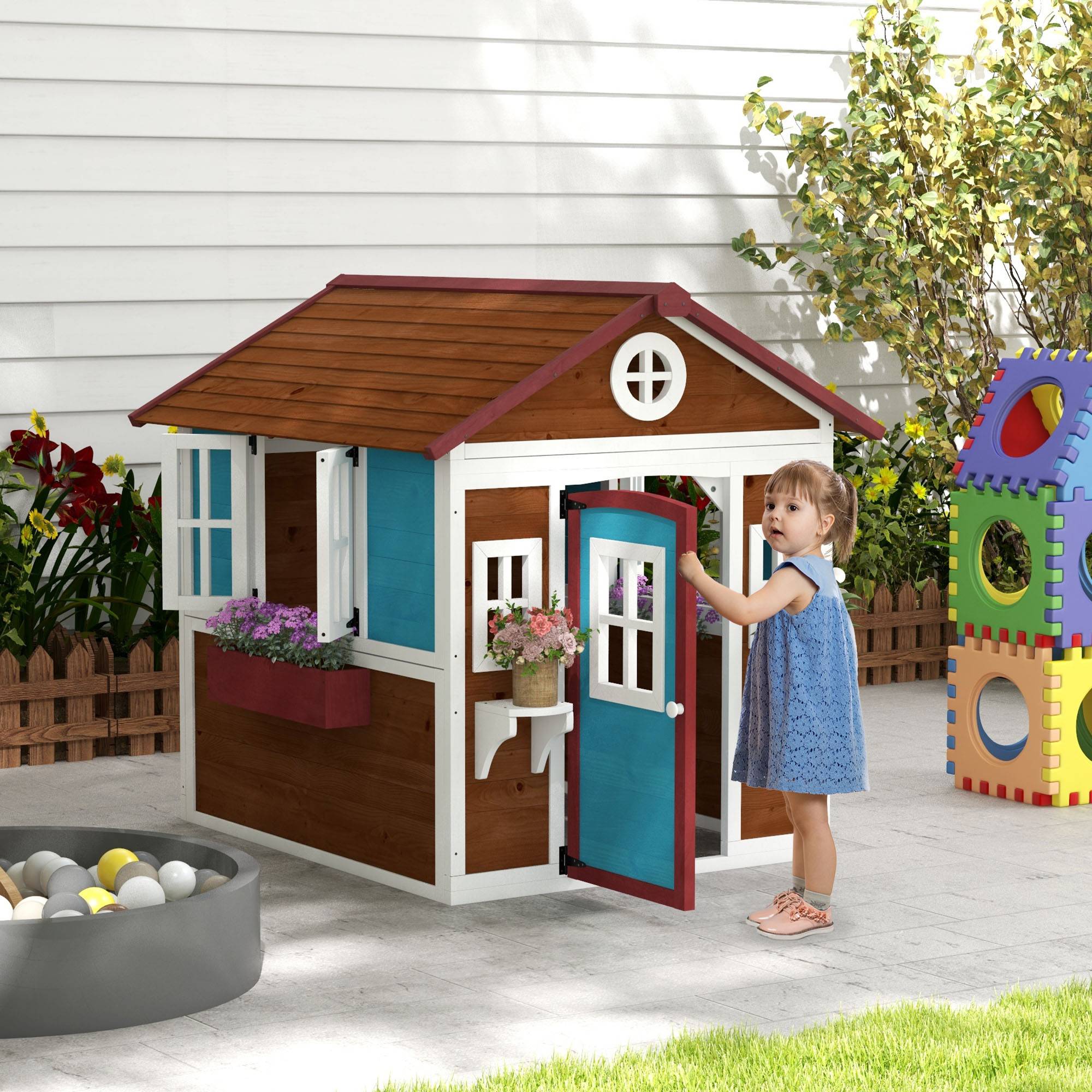 Cabane enfant extérieur maison enfant extérieure avec porte fenêtres et jardinières 114 x 126,4 x 135 cm Marron - Image 3